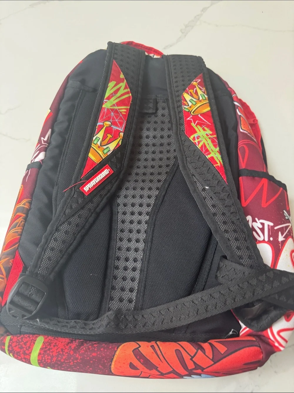 Sprayground Red Kids Backpack with Multicolor Cartoon Graphics